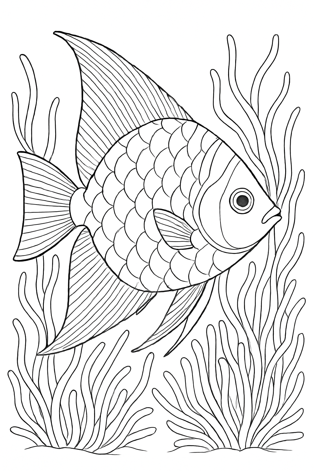 Detailed angelfish coloring page featuring elegant fins and ocean plants.