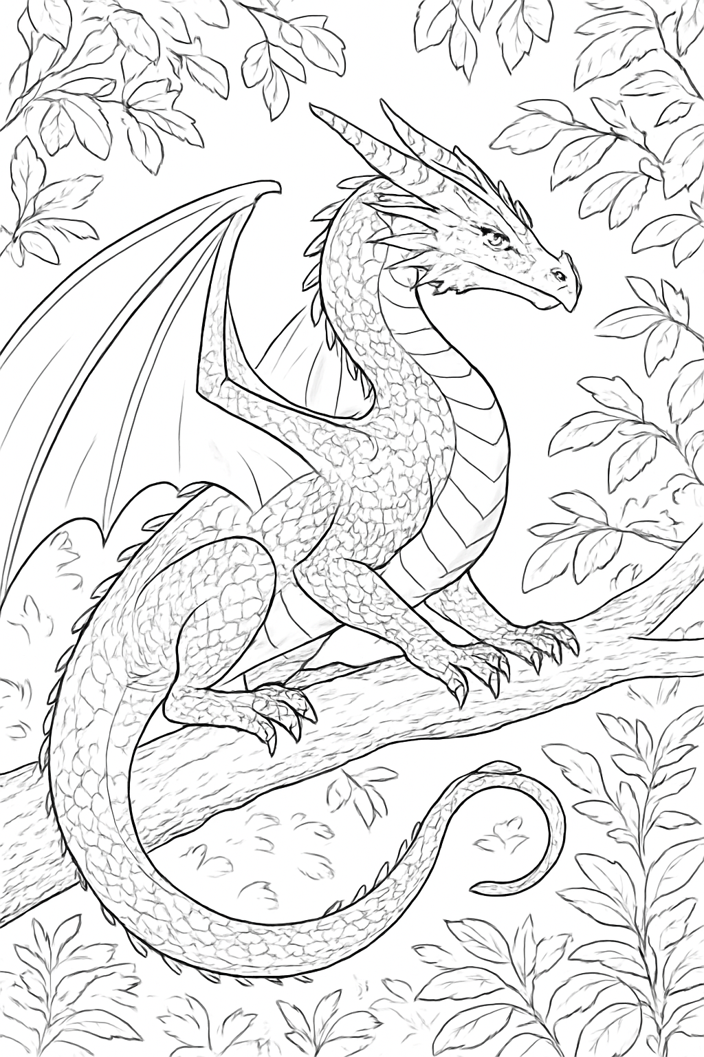 A detailed majestic forest dragon coloring page featuring intricate scales and lush woodland surroundings.