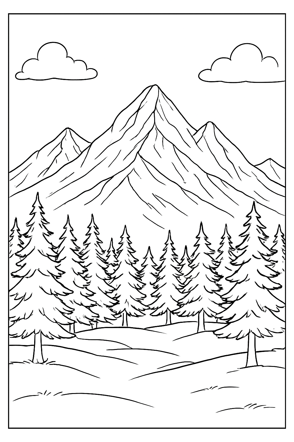 A peaceful landscape showing a majestic mountains coloring page with pine trees and clouds.