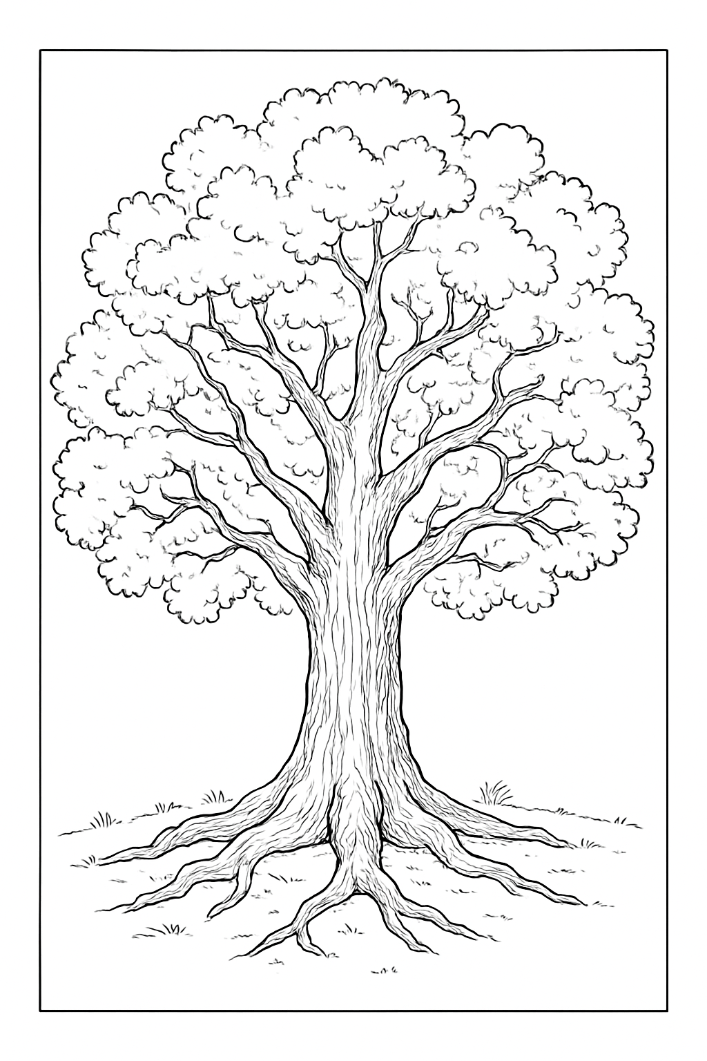 A detailed majestic oak tree coloring page with bold lines and a natural forest background.