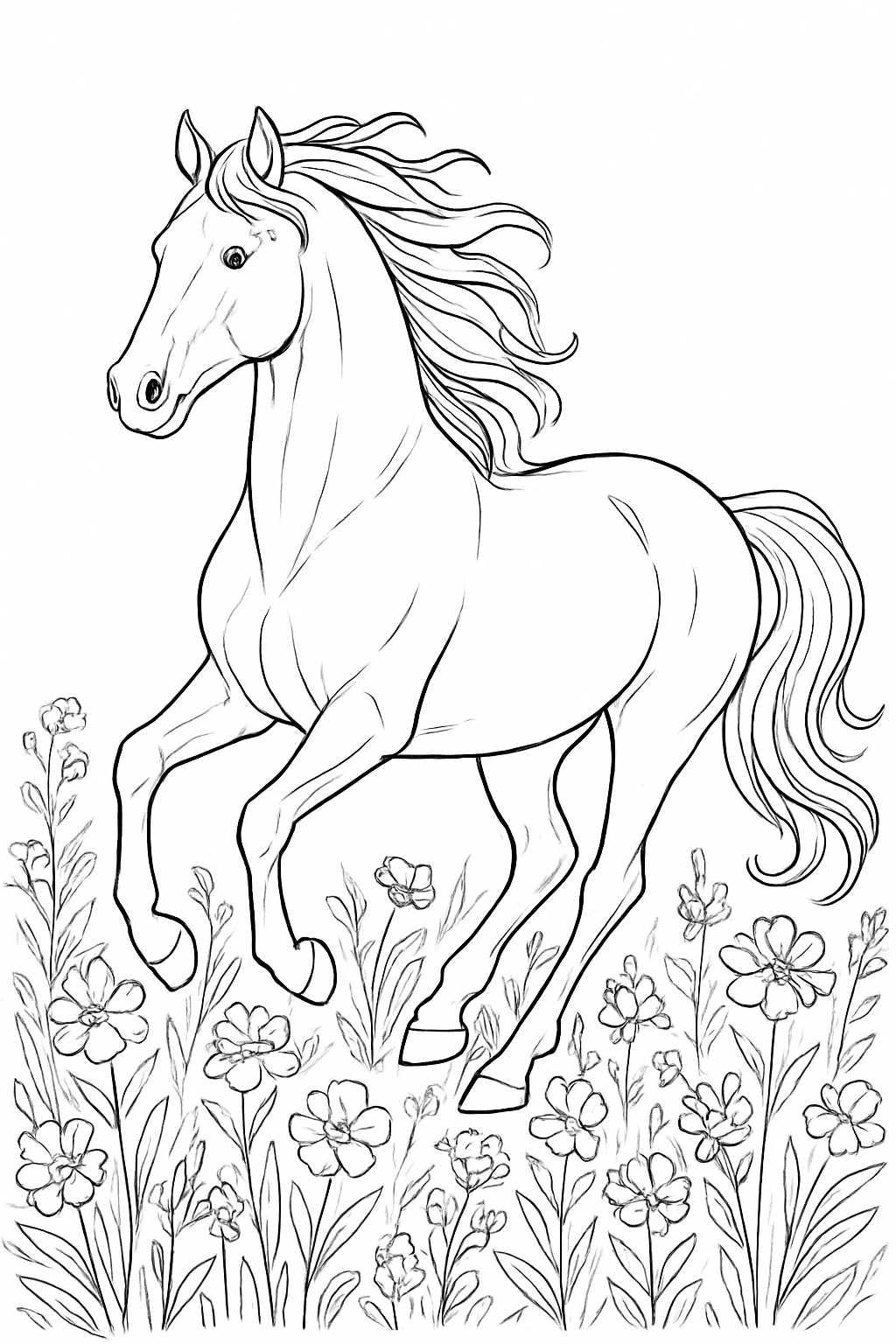 A detailed majestic mustang coloring page featuring a galloping horse and wild meadow flowers.