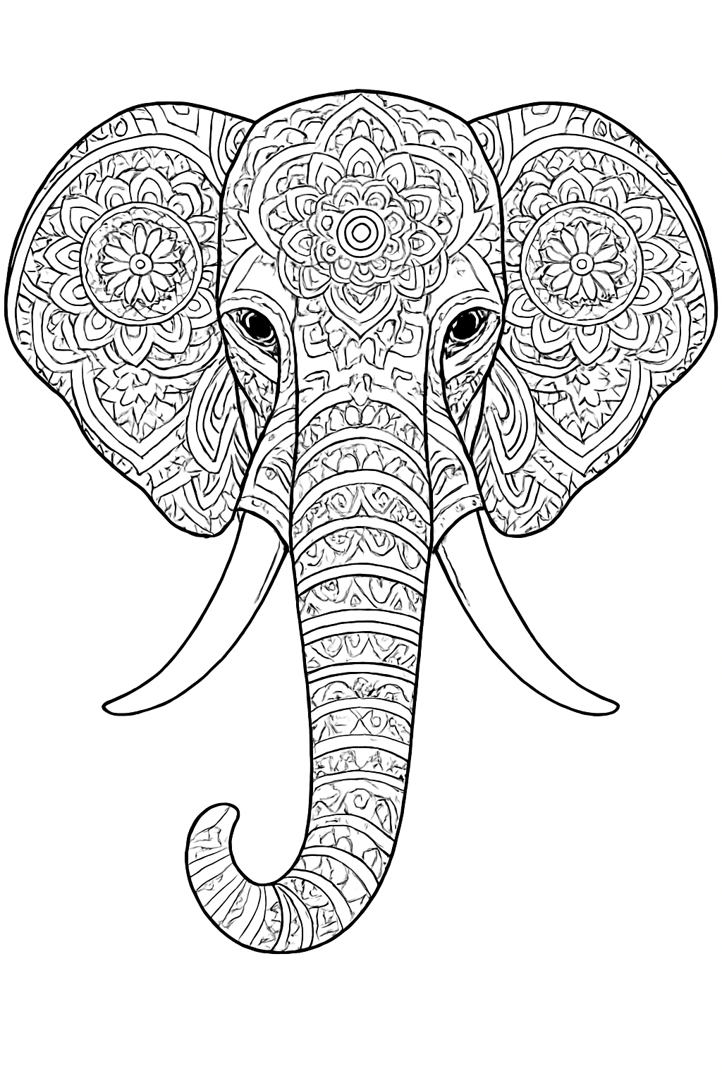Highly detailed mandala elephant coloring page with intricate patterns on a white background.