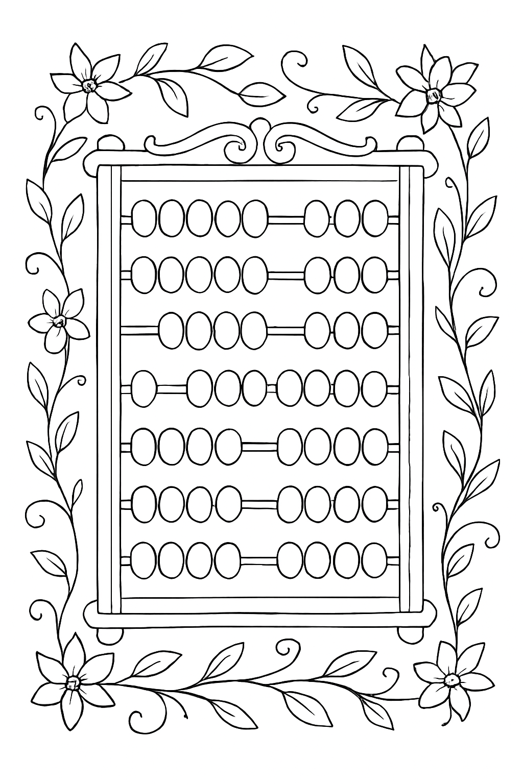 A detailed abacus math coloring page with decorative floral elements and bold outlines for easy coloring.