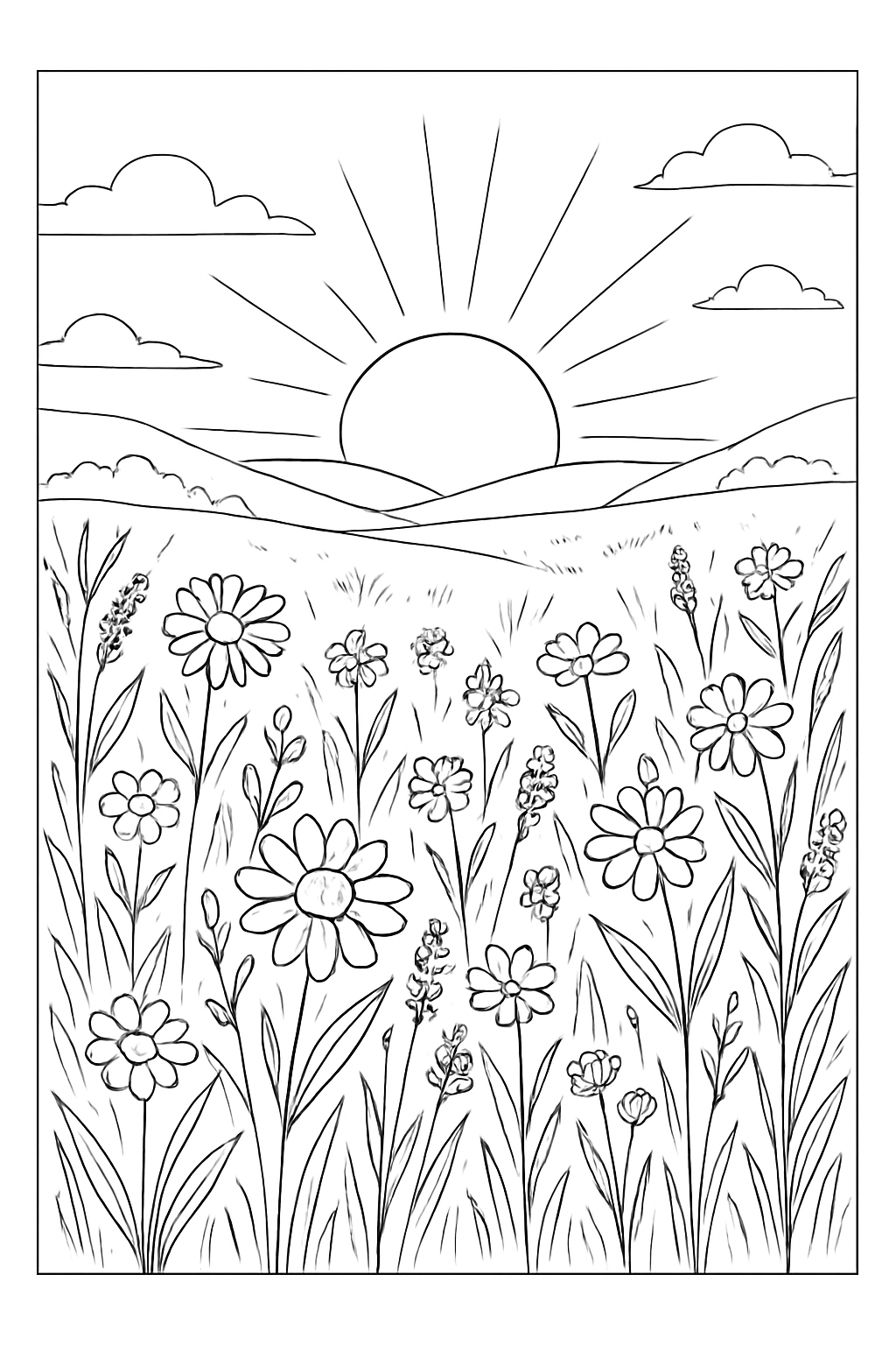 Detailed meadow sunset coloring page featuring wildflowers and tall grass under a setting sun.