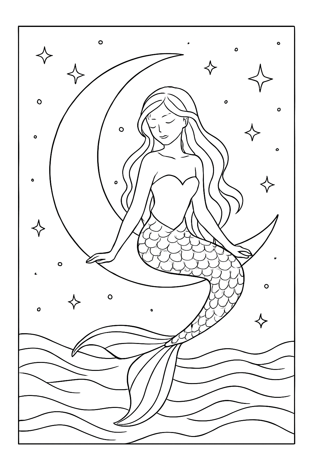 Beautiful mermaid sitting on a crescent moon in a night sky for a mermaid moonlight coloring page.