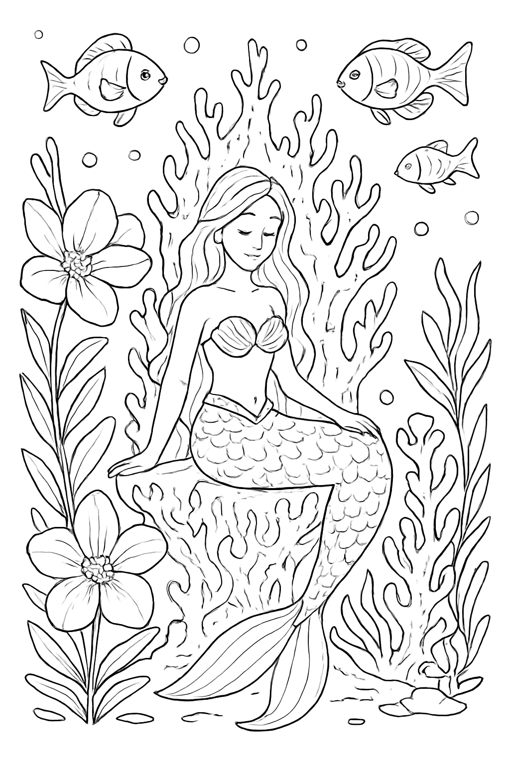Detailed mermaid ocean garden coloring page featuring a mermaid on a coral throne surrounded by sea flowers.