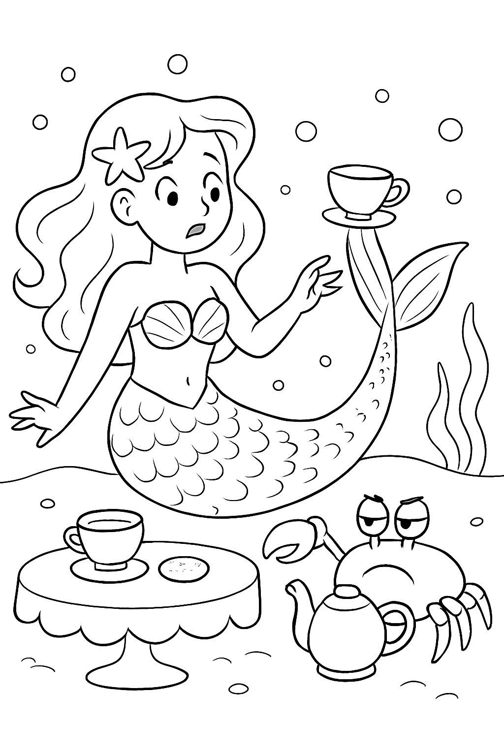 A mermaid balancing a teacup with a crab in a fun mermaid tea party coloring page design.