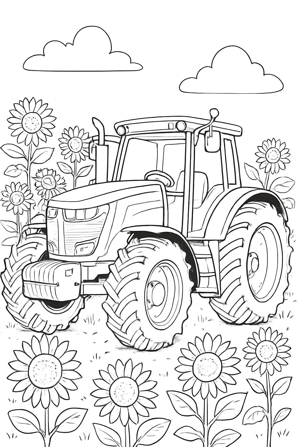 A detailed modern farm tractor coloring page in a sunny field with sunflowers.