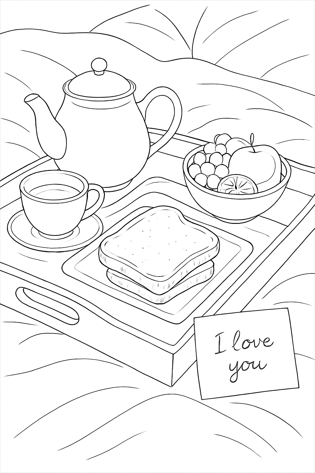 A realistic breakfast in bed coloring page featuring a cozy tray with tea and toast for Mother's Day.
