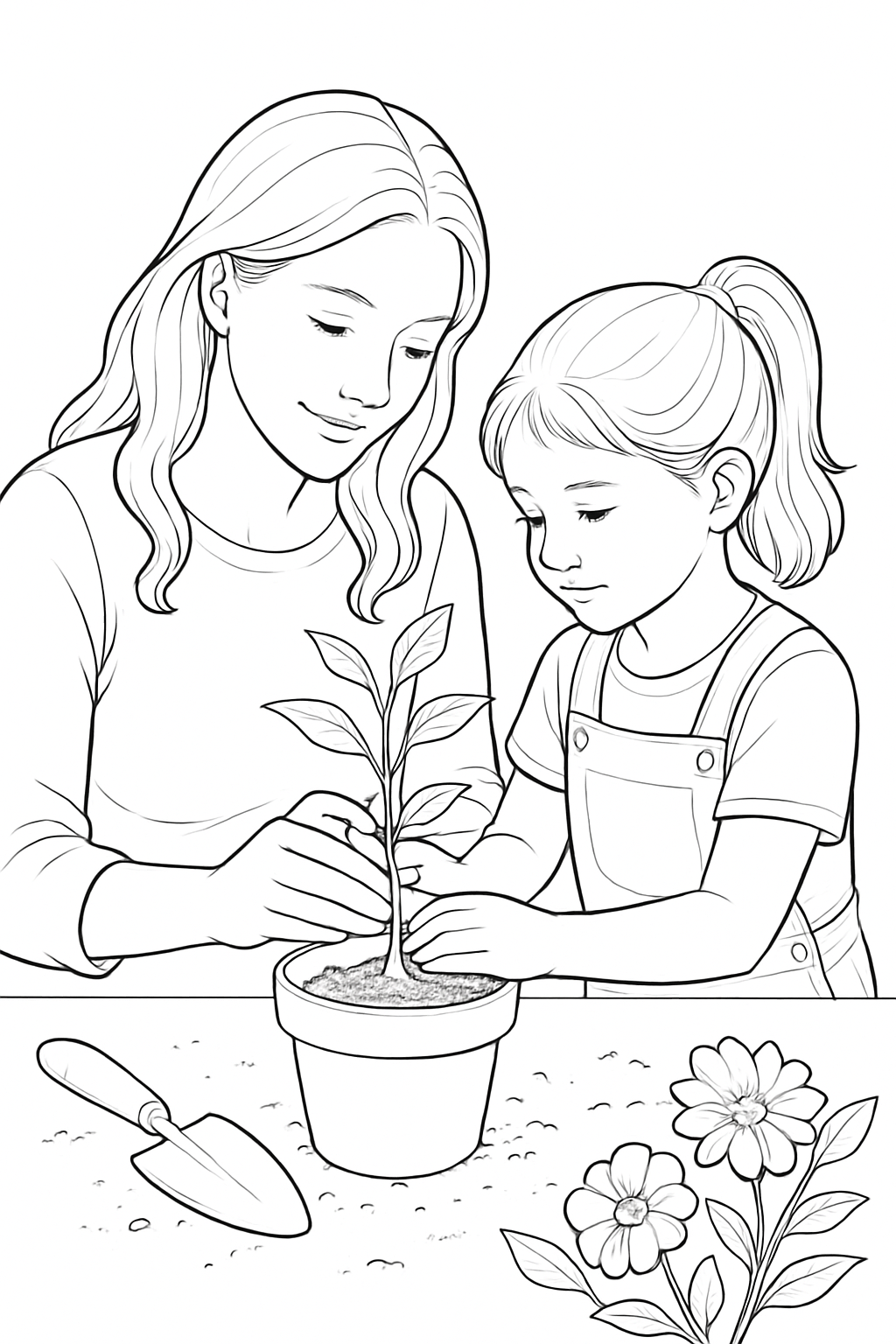 A realistic mother and child planting a flower together in this fun mother and child gardening coloring page.