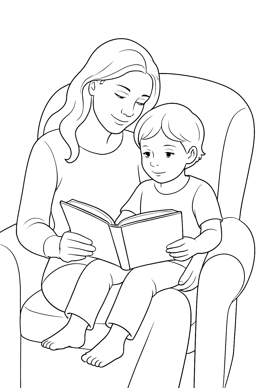 A mother reading a book to her child in a cozy chair, mother reading to child coloring page.