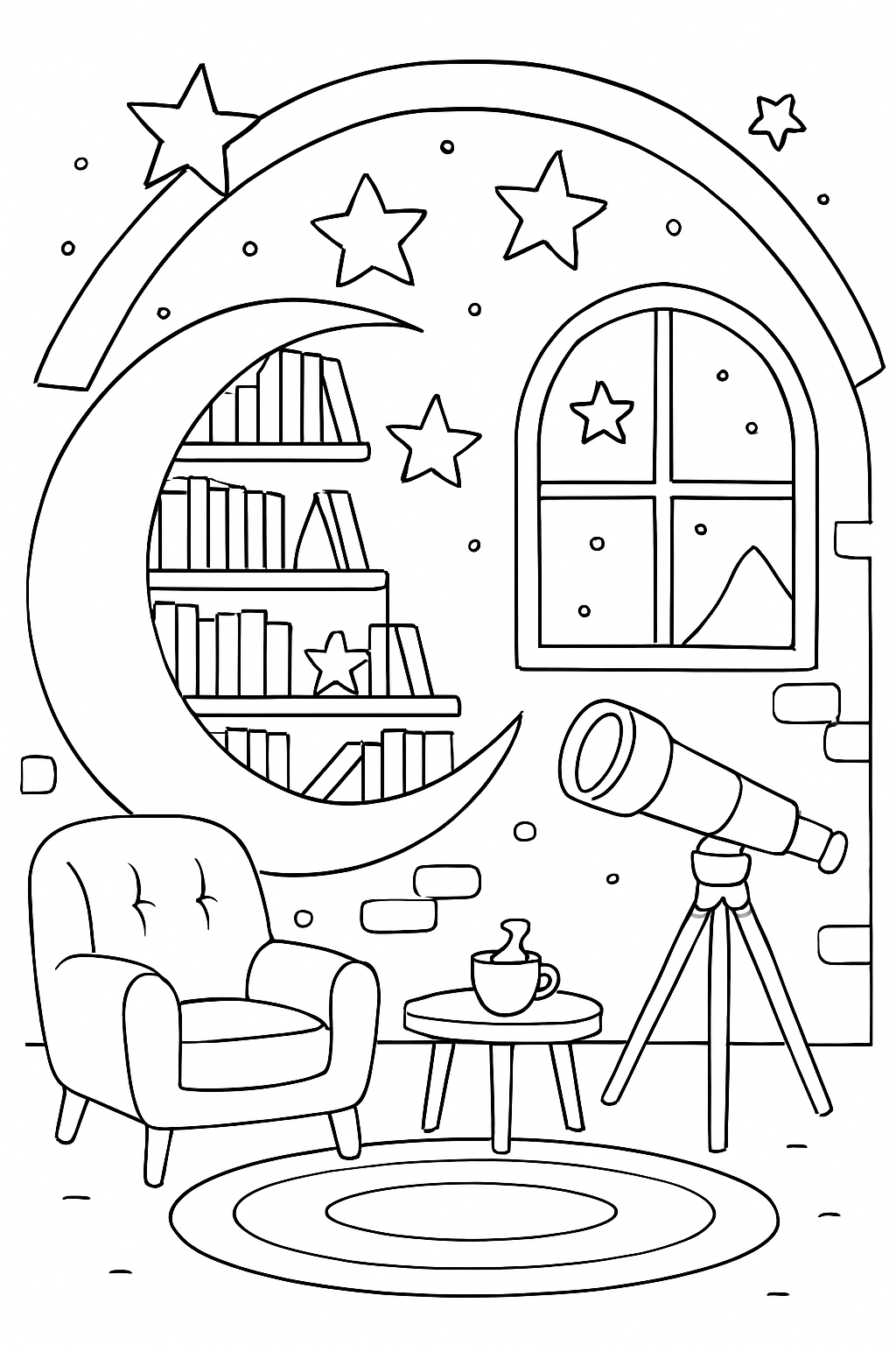 A cozy moon library featuring a bookshelf and telescope in this fun moon library coloring page.