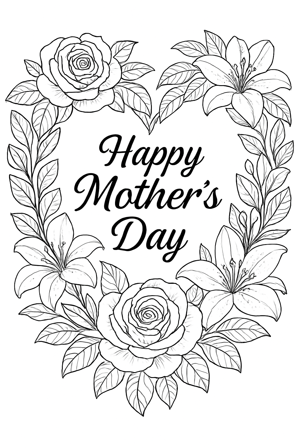 A detailed floral heart design on a floral mother's day coloring page.
