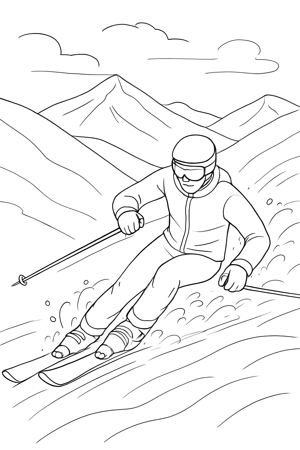 Sophisticated black and white line art of a skier on a mountain for a downhill skiing coloring page.