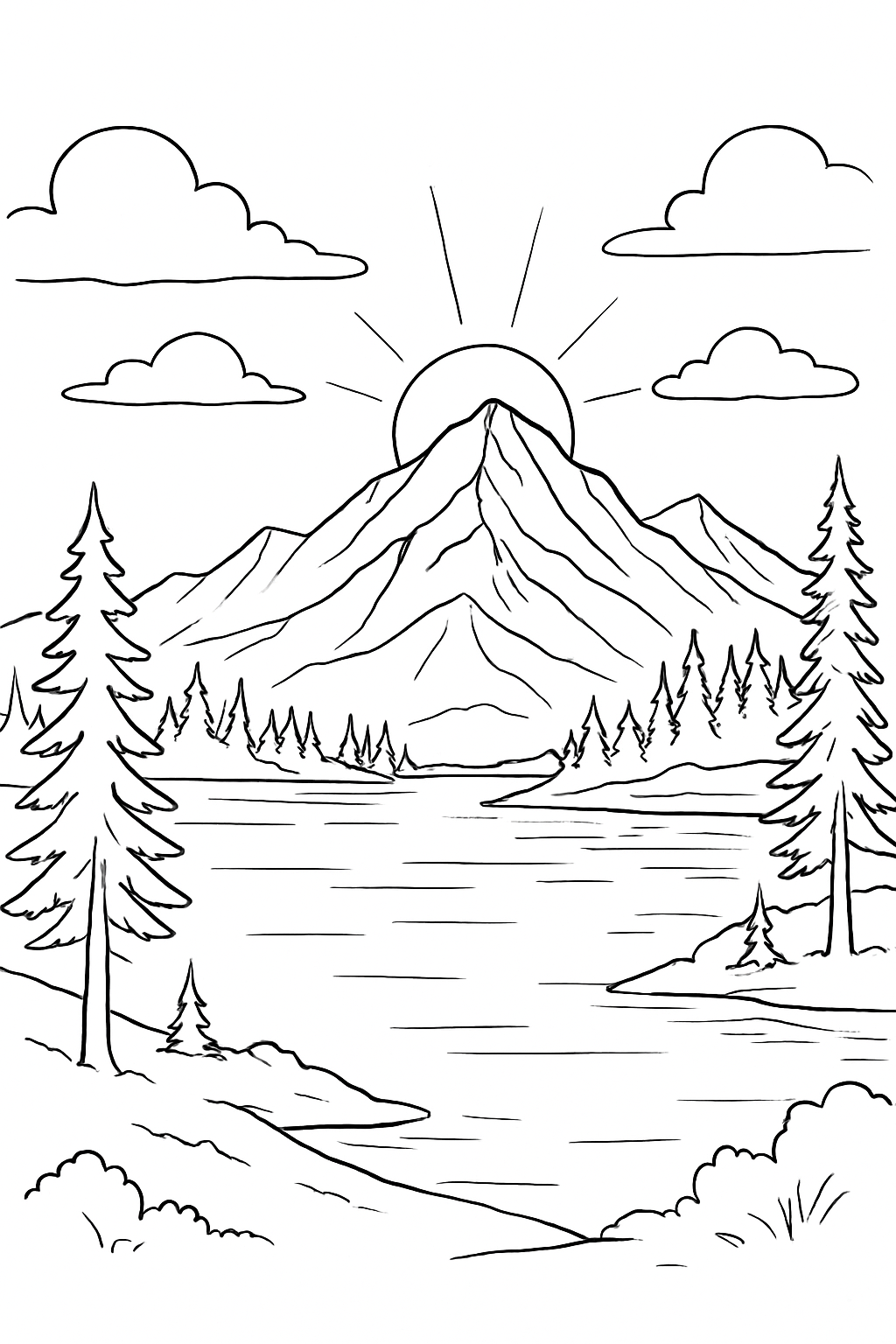 A serene landscape featuring jagged peaks and a reflective lake in this relaxing mountain sunset coloring page.