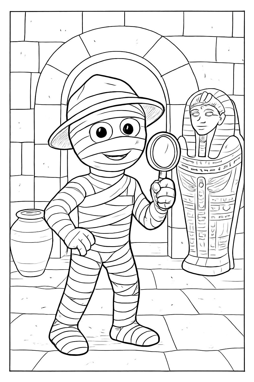 A detailed mummy archaeologist examining an ancient artifact on this fun mummy archaeologist coloring page.