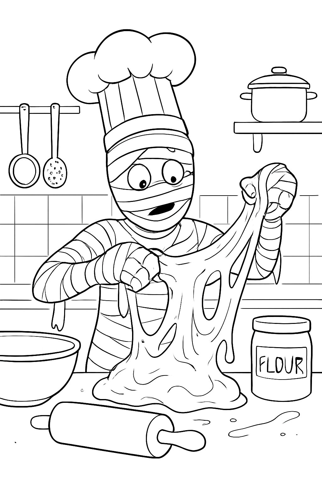 A happy mummy chef baking cookies in a kitchen, featured on a fun mummy chef coloring page.