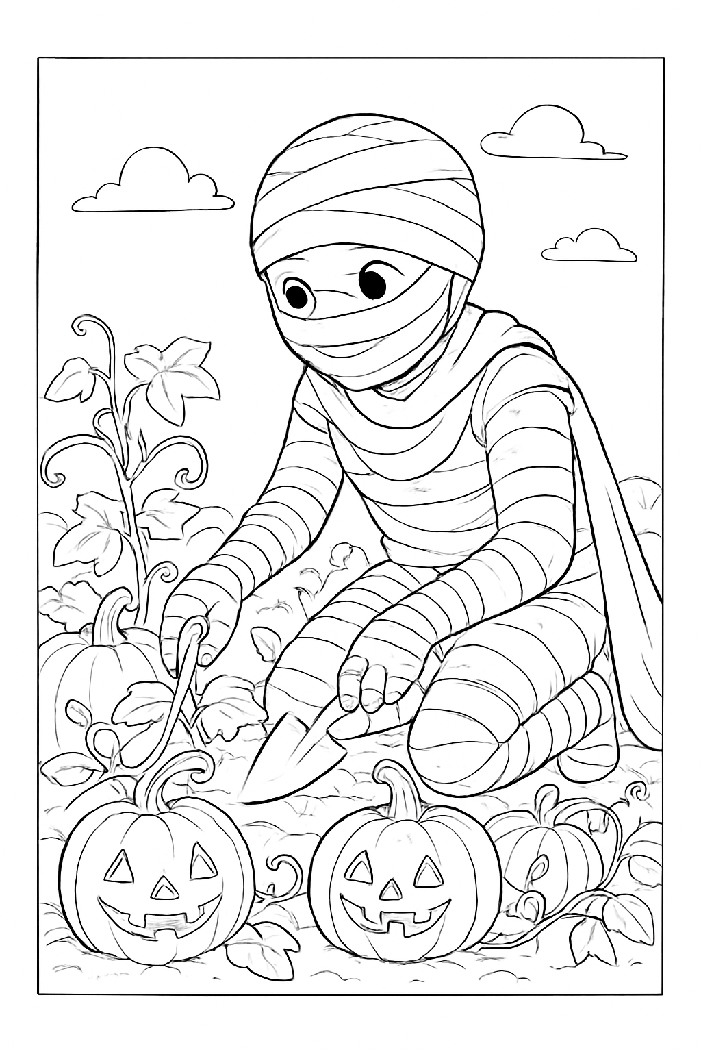 A friendly mummy tending to a pumpkin patch in this detailed mummy gardening coloring page.