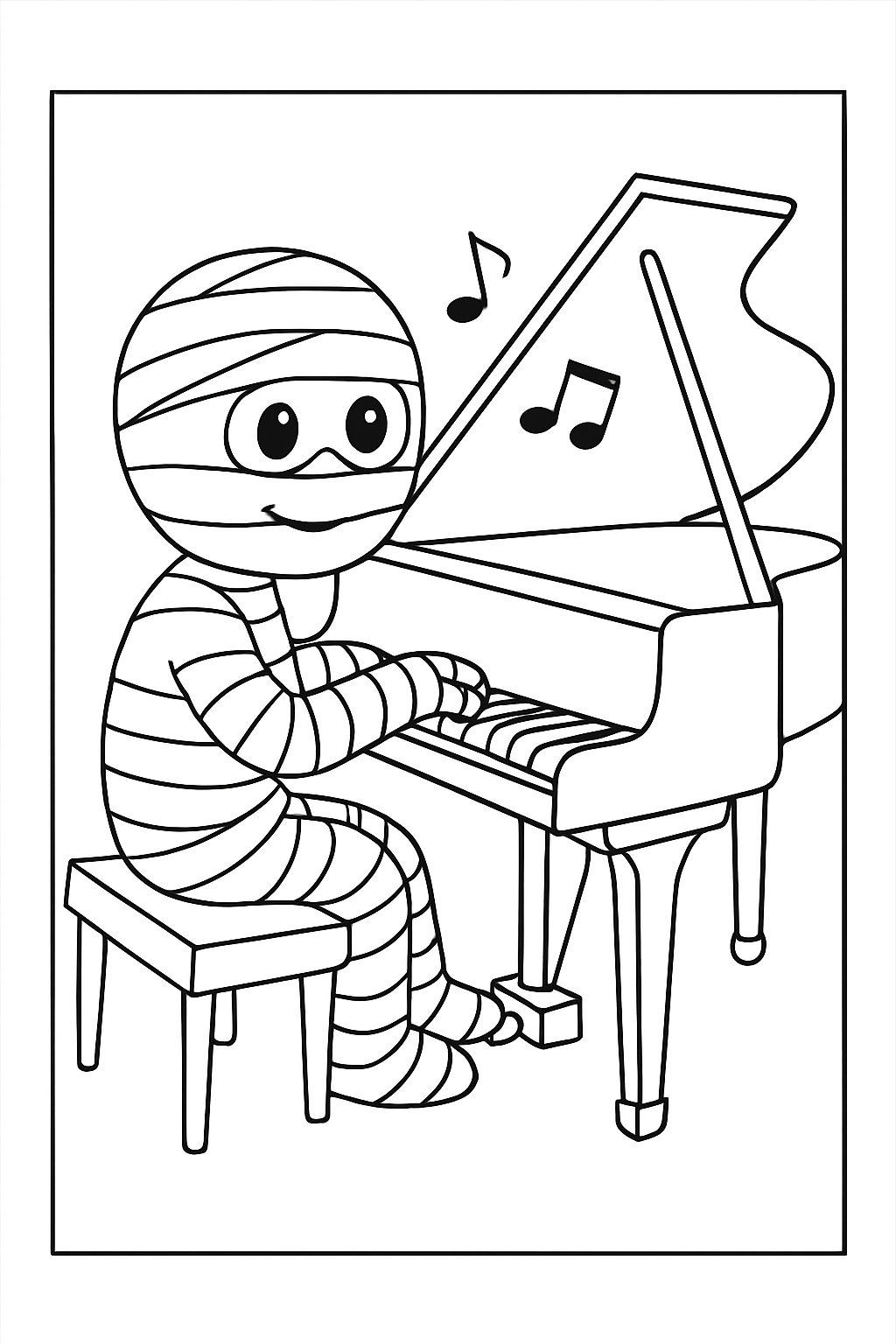A cute mummy playing a grand piano in this printable mummy playing piano coloring page.
