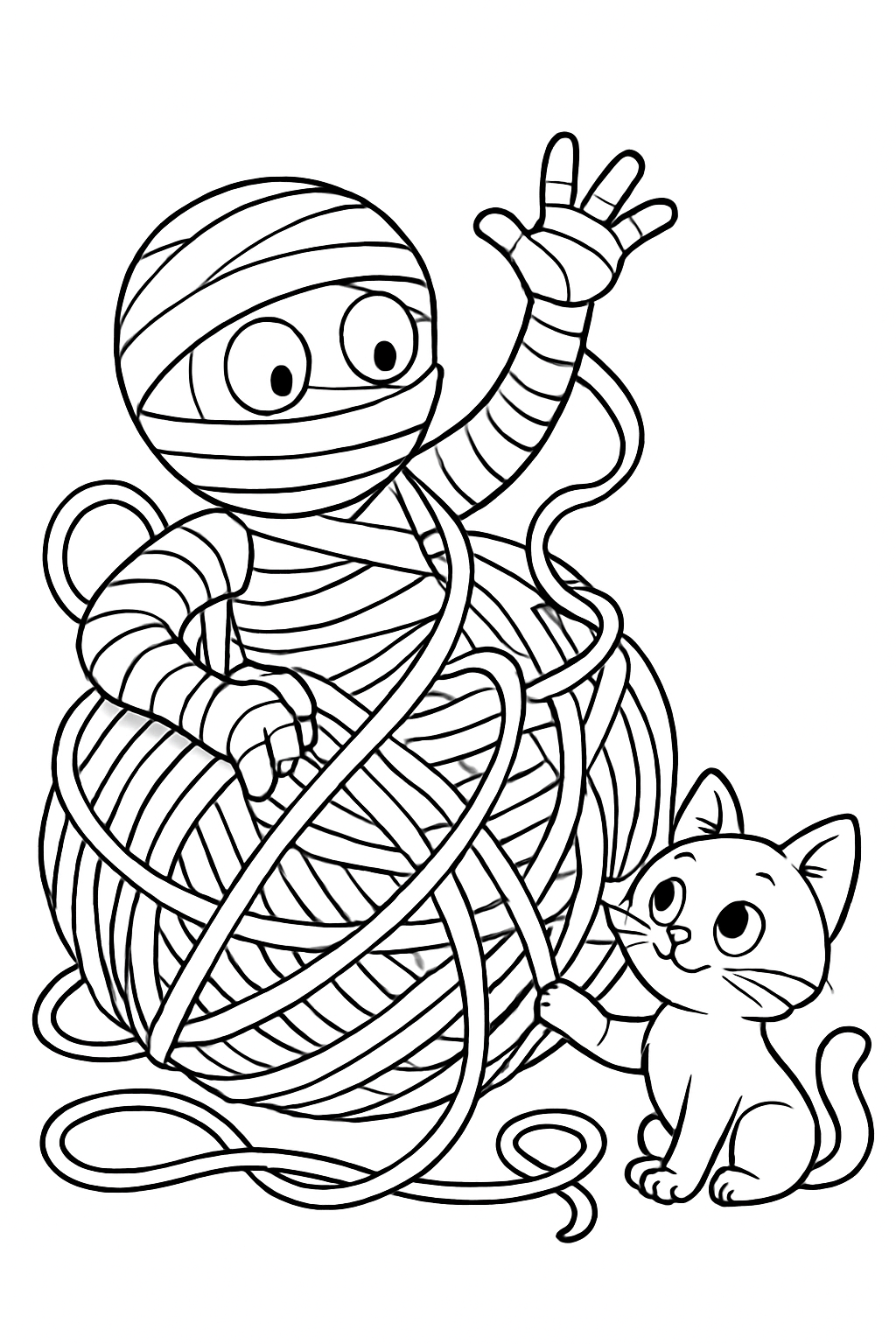 A cute mummy tangled in a ball of yarn in this mummy yarn ball coloring page