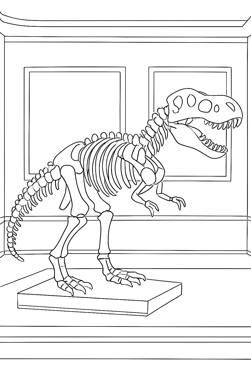 A large museum dinosaur skeleton coloring page with clean lines for kids and adults.