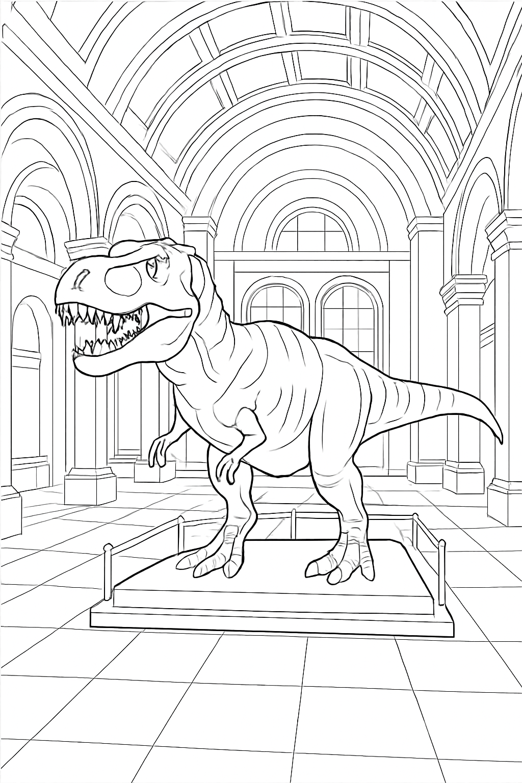 A detailed dinosaur exhibit coloring page featuring a large museum display of a skeleton.