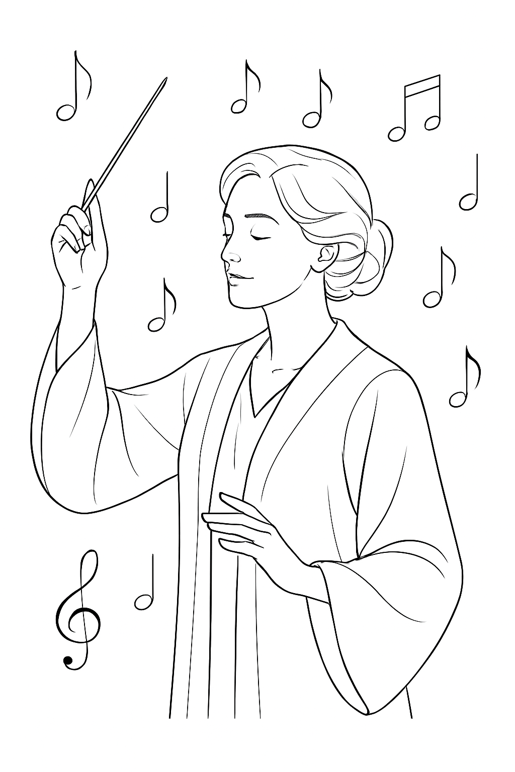 A graceful music teacher conducting an orchestra in this detailed music teacher coloring page.