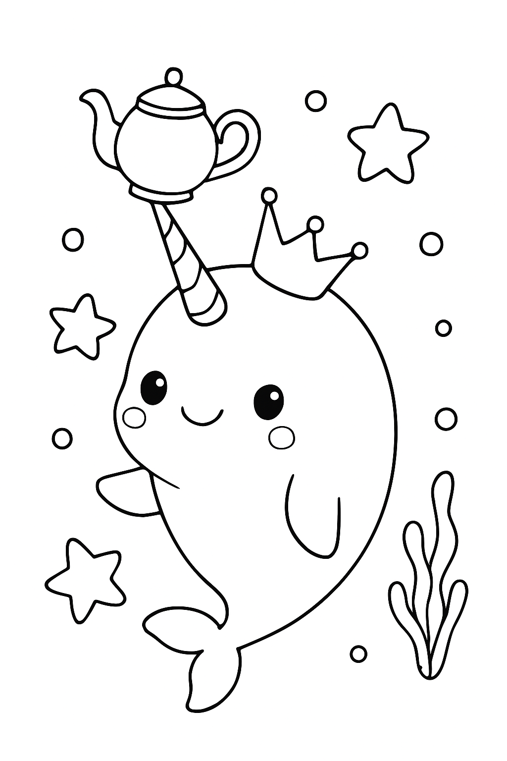 A happy narwhal wearing a crown in this cute narwhal coloring page.