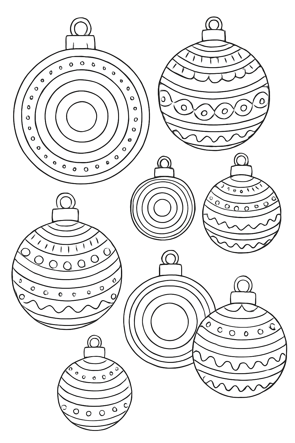 A detailed nested circle ornaments coloring page with bold lines and large spaces for creative coloring.