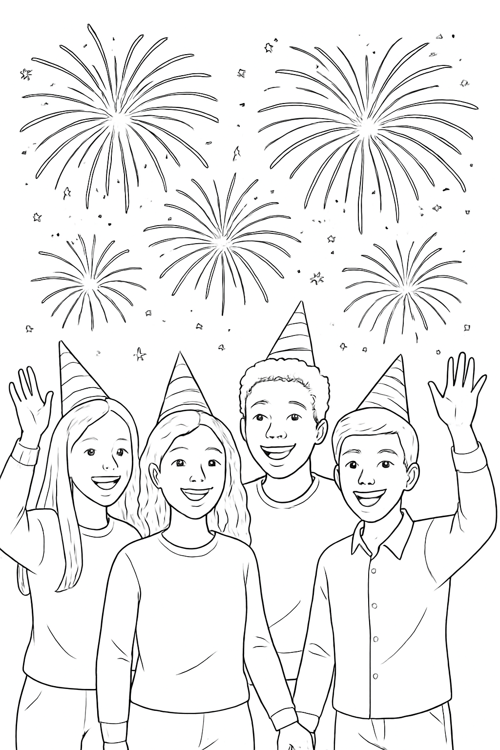 A festive group of friends enjoying fireworks on a new year celebration coloring page.