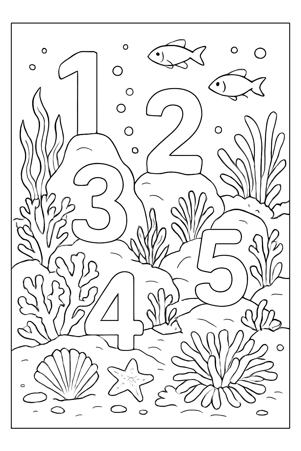 A detailed ocean numbers coloring page featuring coral reef creatures and hidden numbers to color.