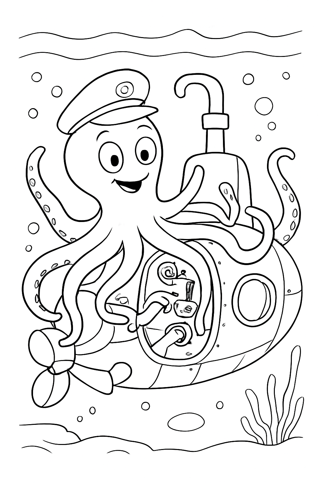 A cartoon octopus wearing a hat driving a submarine in this octopus submarine coloring page.