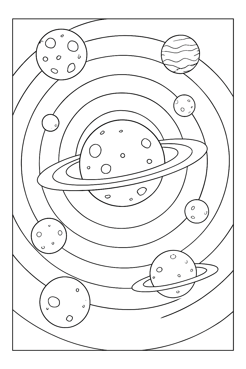 A detailed planetary orbit coloring page featuring concentric circles and various planets.