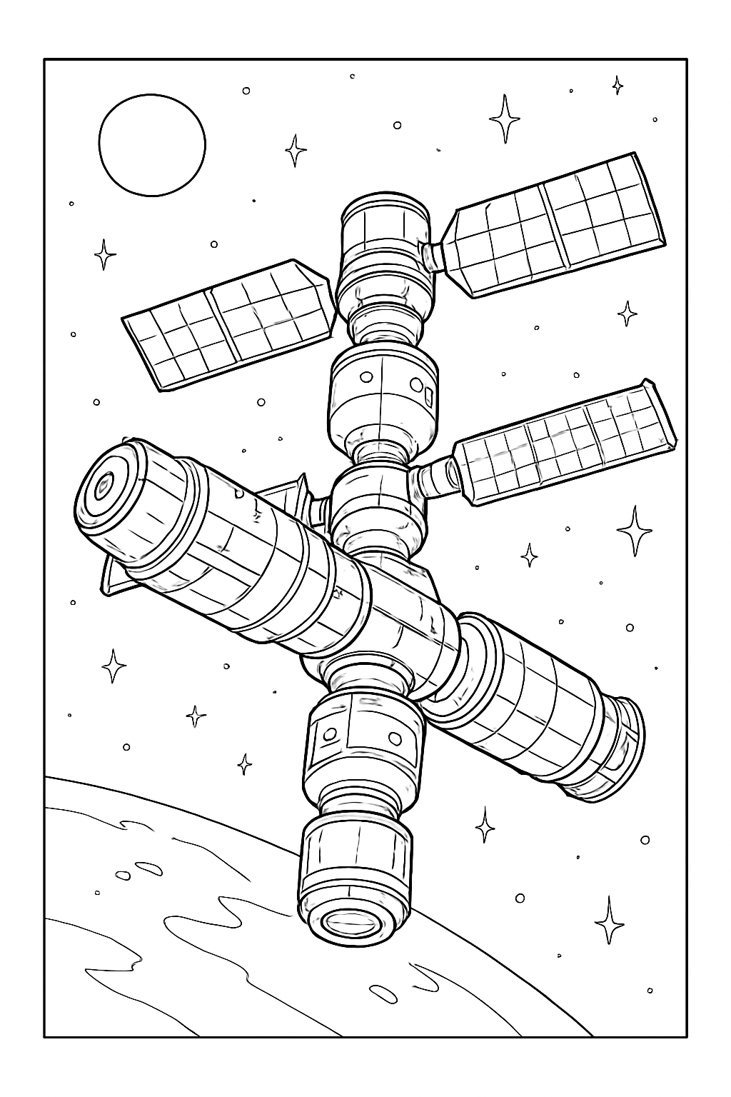 Detailed space station coloring page featuring solar panels and docking modules in orbit.