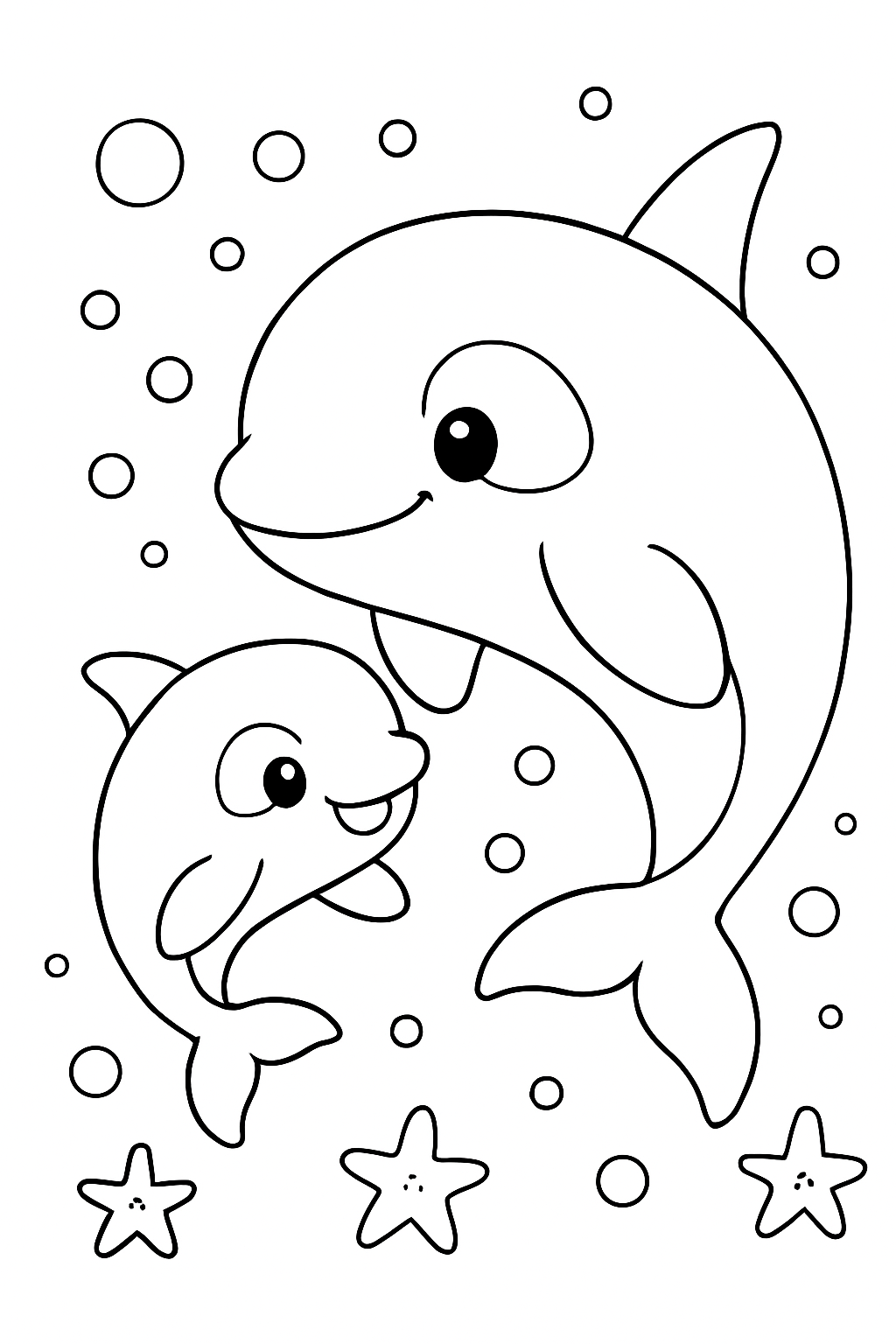 A cute mother and baby orca orca coloring page with bubbles and starfish