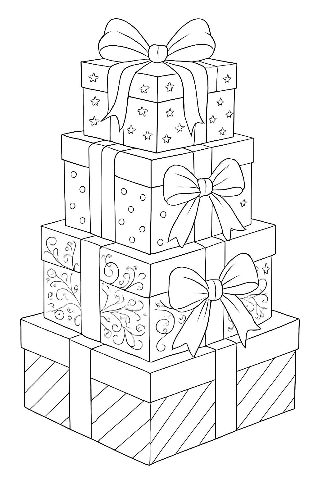 A detailed stacked christmas gifts coloring page featuring decorative ribbons and bows for creative coloring.
