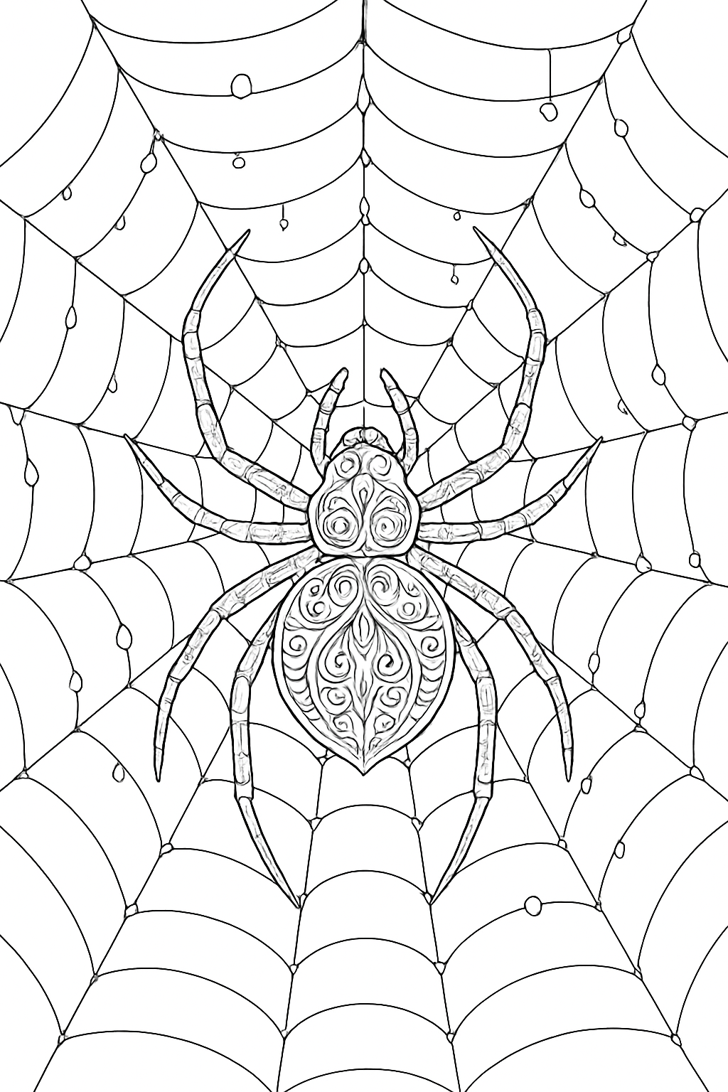 Detailed ornate orb weaver coloring page featuring an intricate web design for adults and kids.