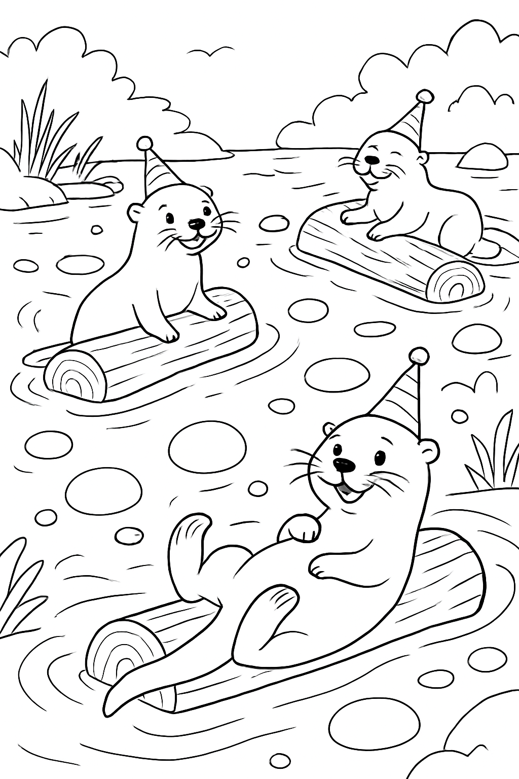 Whimsical otter river coloring page featuring cute otters wearing party hats while floating on logs.