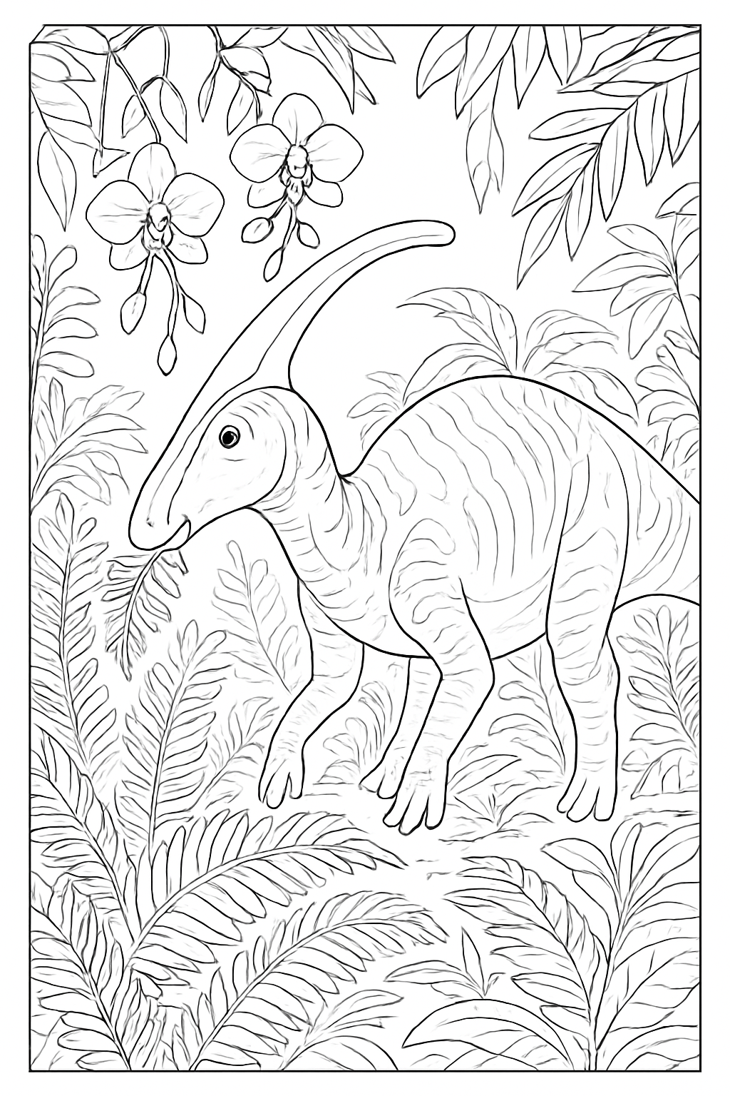 Detailed parasaurolophus standing in a lush tropical forest, a parasaurolophus jungle coloring page.