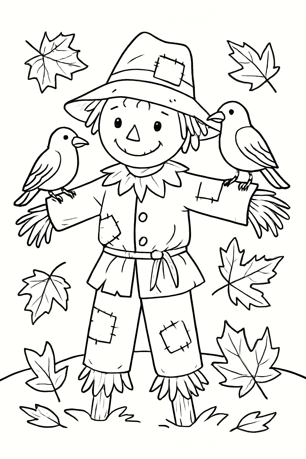 A friendly patchwork scarecrow with crows in a field, featured on a detailed black and white coloring page.