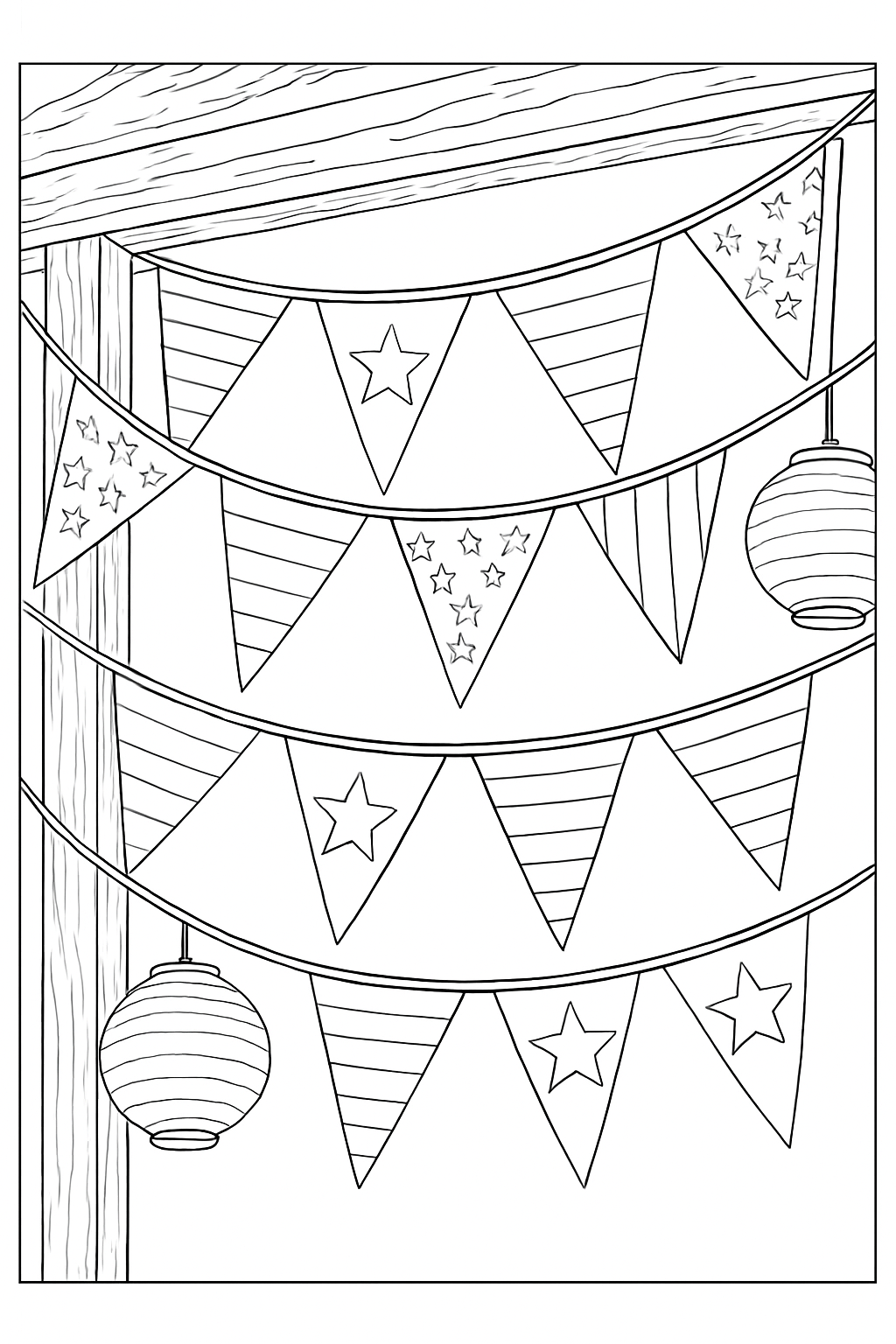 Detailed patriotic bunting coloring page with hanging paper lanterns for summer holiday fun.