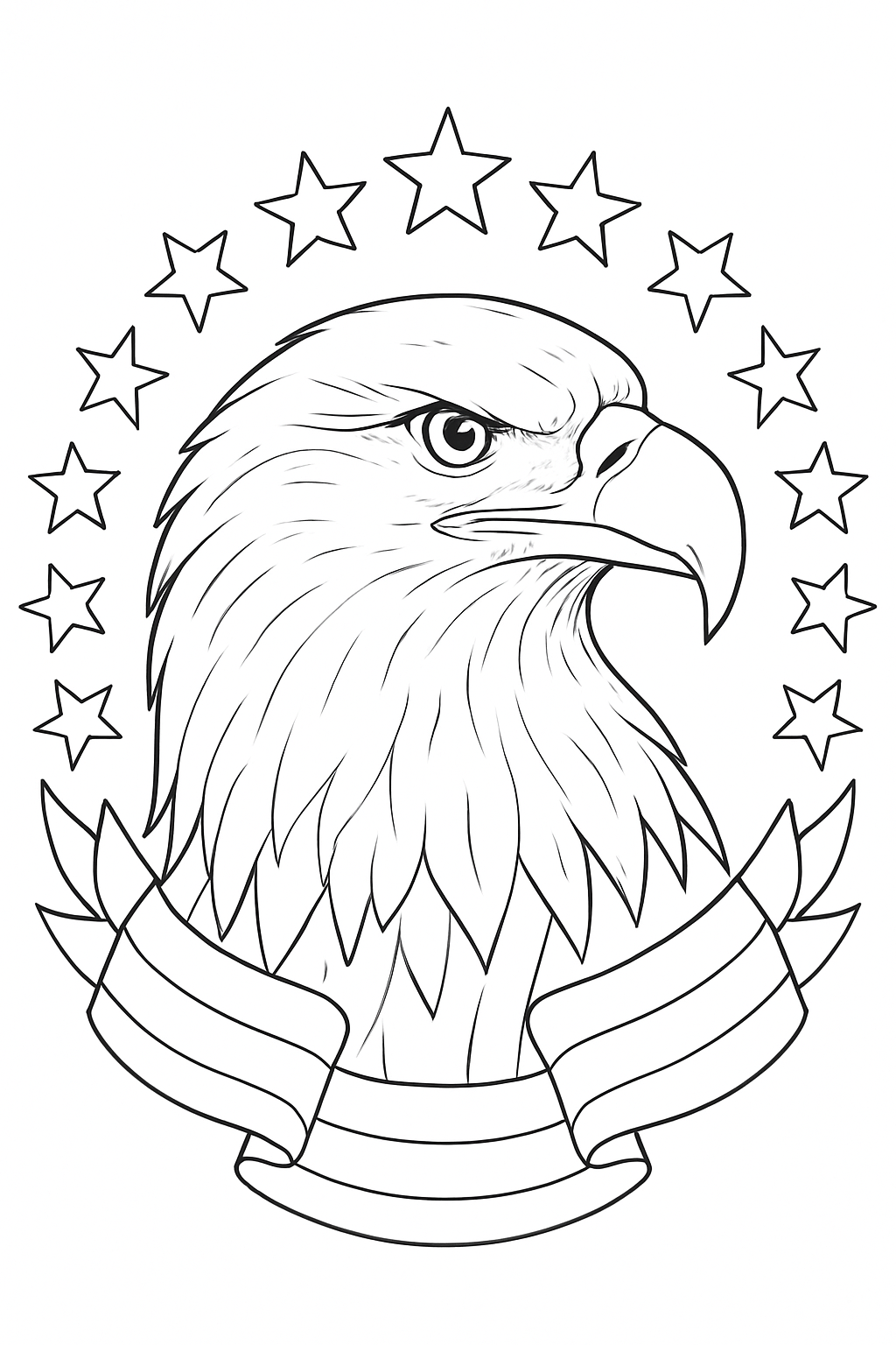 A detailed patriotic eagle coloring page featuring a wreath of stars and stripes for independence day.