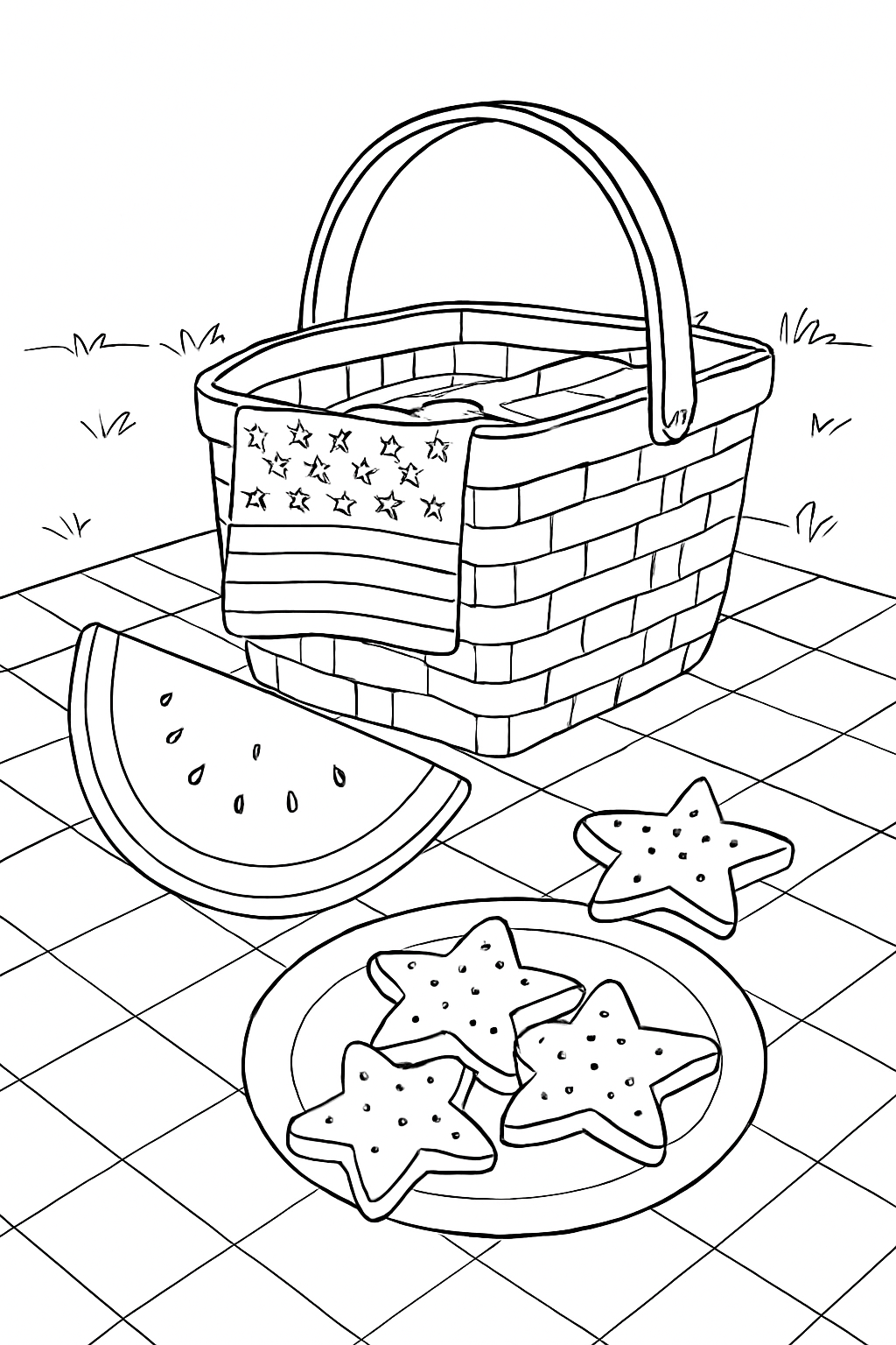 A detailed patriotic picnic coloring page featuring a basket and watermelon on a sunny day.