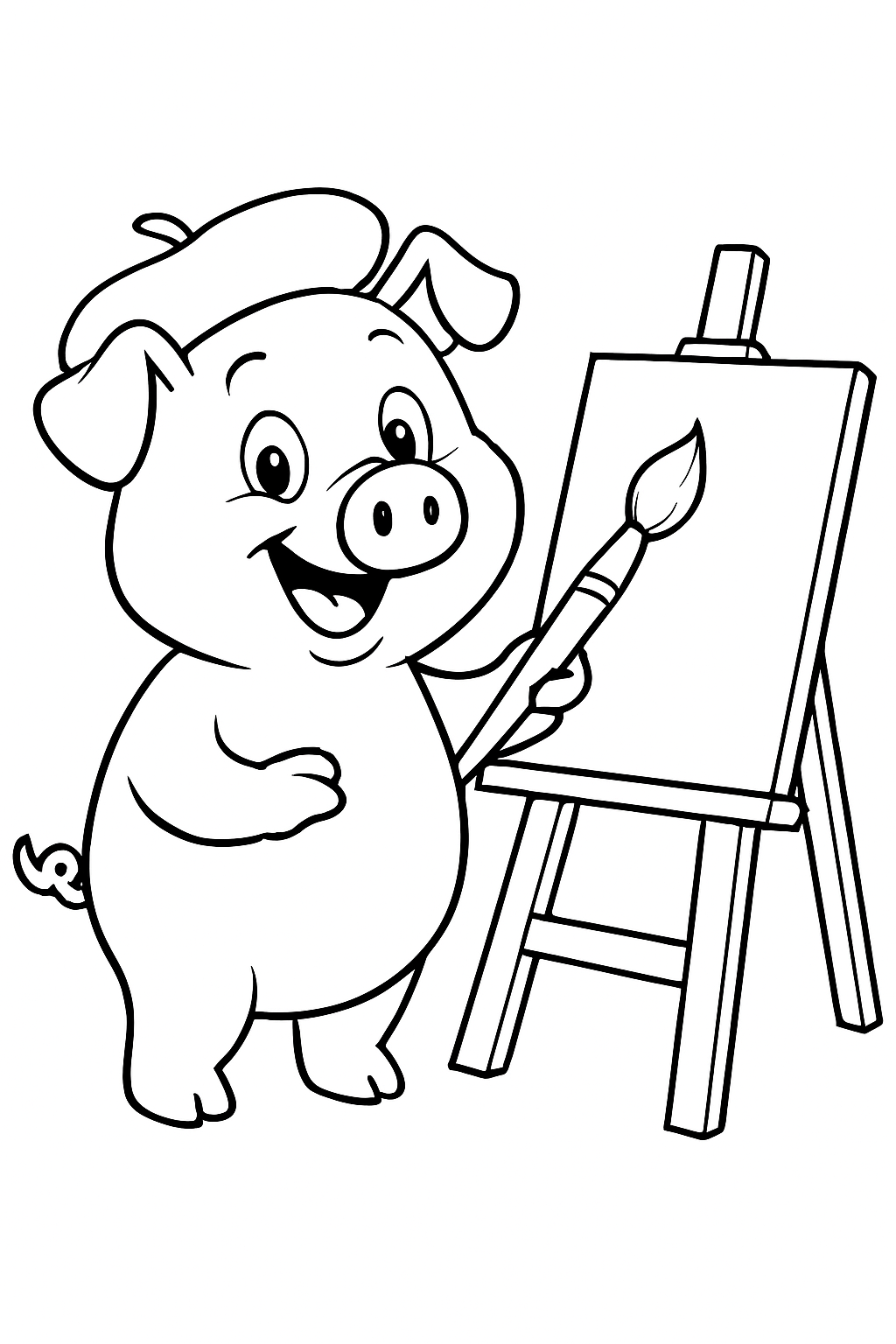 A happy pig wearing a beret and painting on an easel in this pig artist coloring page.