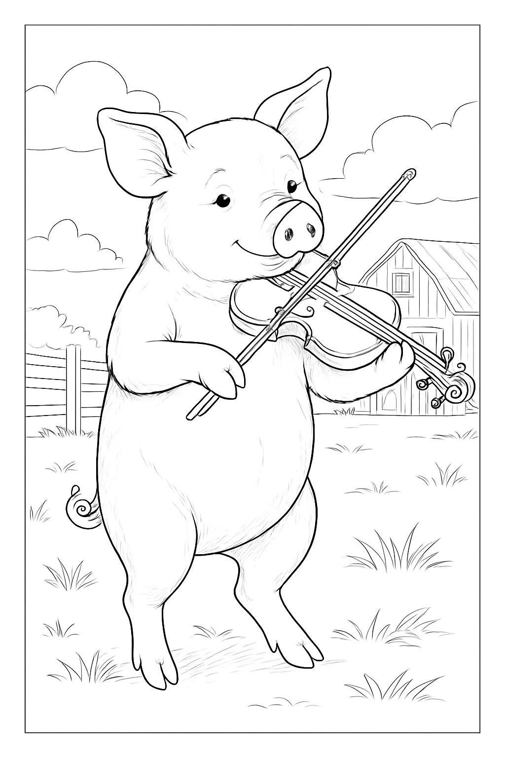 A realistic pig playing a violin in a barnyard on this pig playing fiddle coloring page.