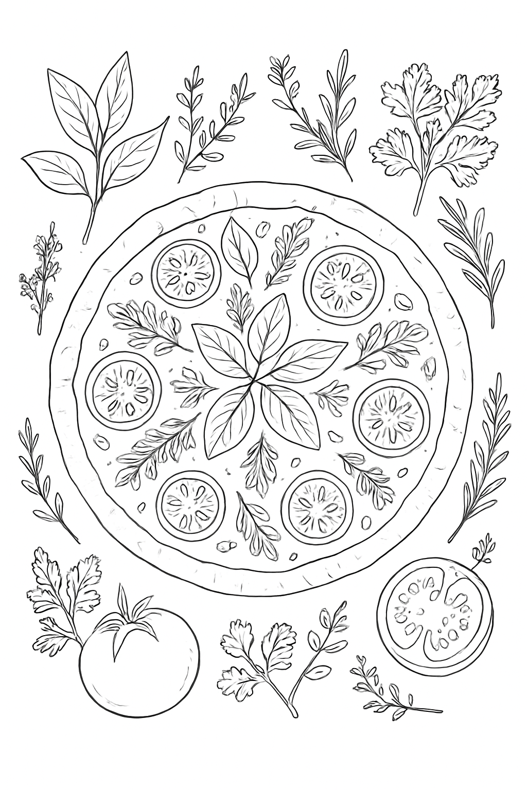 Intricate pizza garden harvest coloring page featuring fresh vegetables and garden herbs.