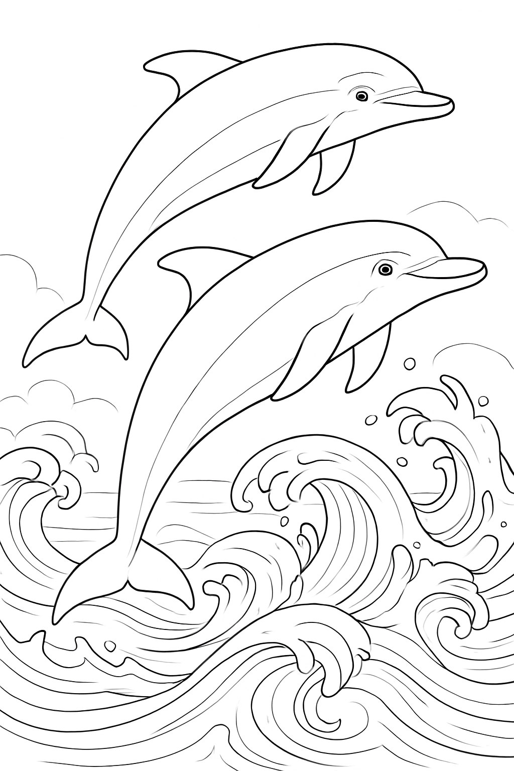 A highly detailed leaping dolphins coloring page featuring two dolphins jumping gracefully over ocean waves.