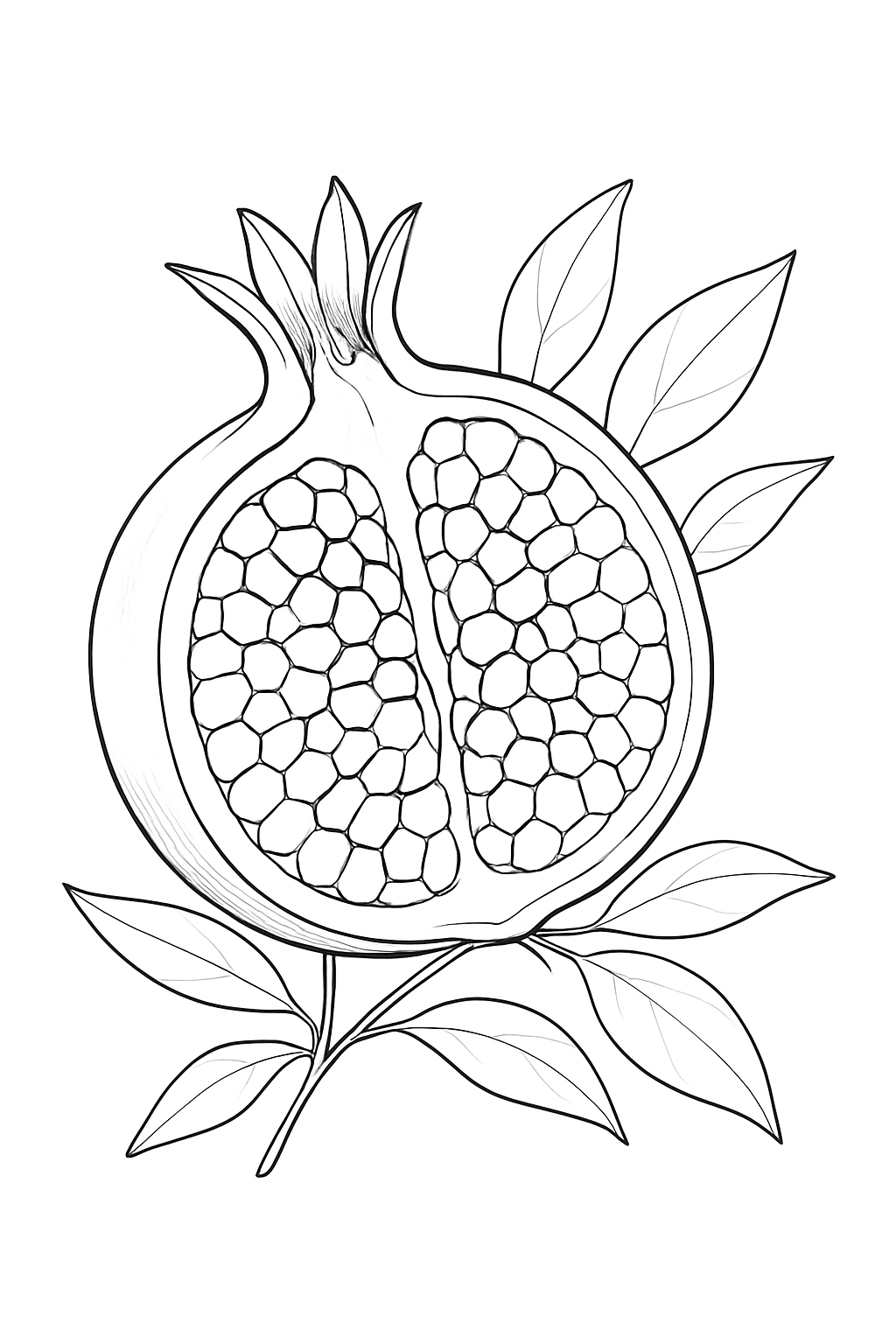 Detailed botanical pomegranate coloring page featuring geometric seed patterns.