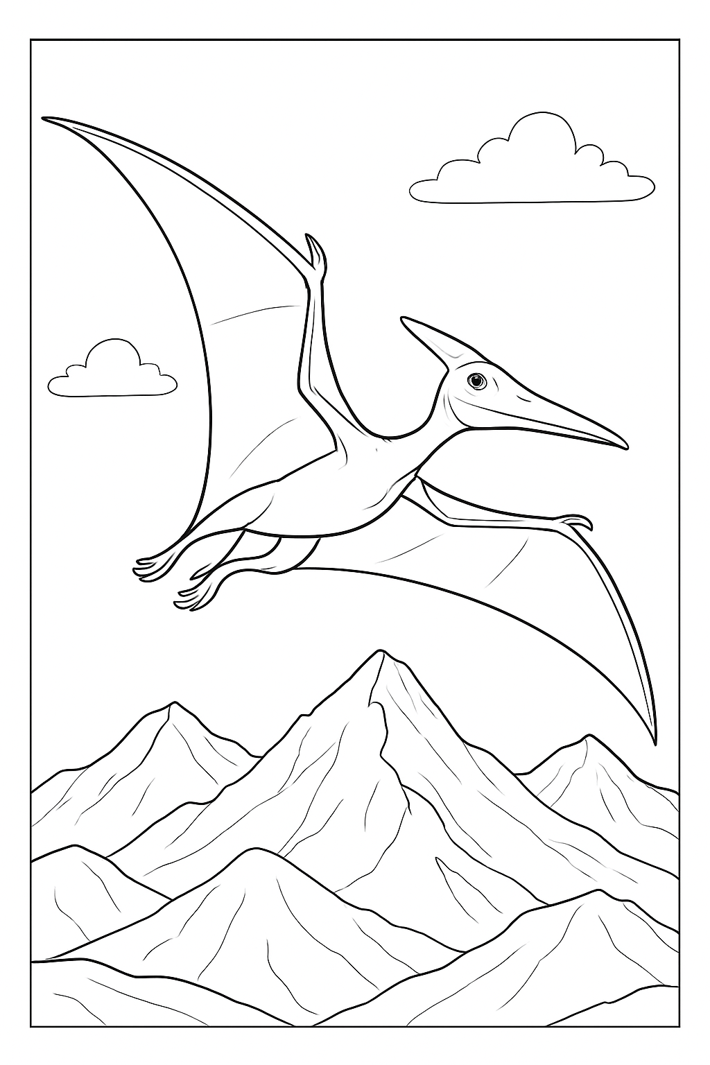 Detailed pterodactyl coloring page showing a flying reptile over a scenic mountain landscape