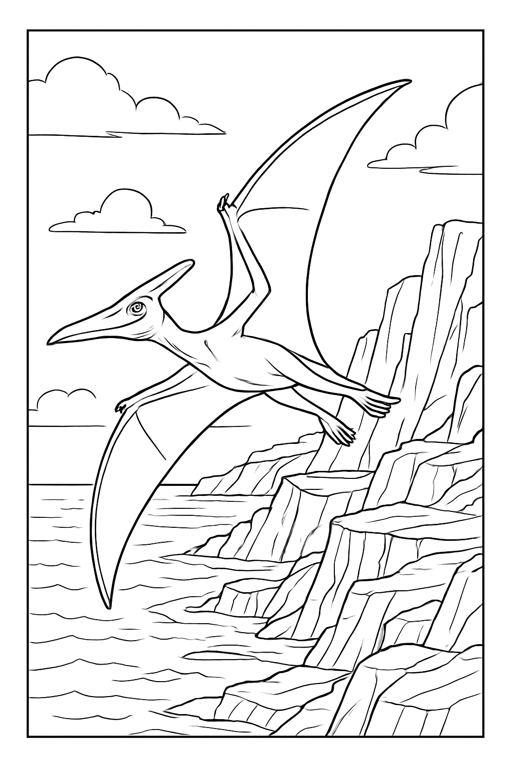 Detailed realistic pterodactyl coloring page featuring a soaring prehistoric reptile over ocean cliffs.